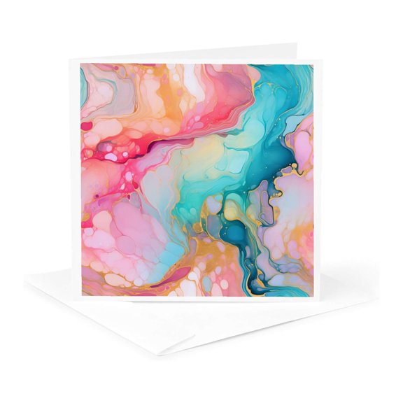 3drose, Modern Orange Pink and Aqua Green Alcohol Ink Abstract, 1 Greeting Card with Envelope