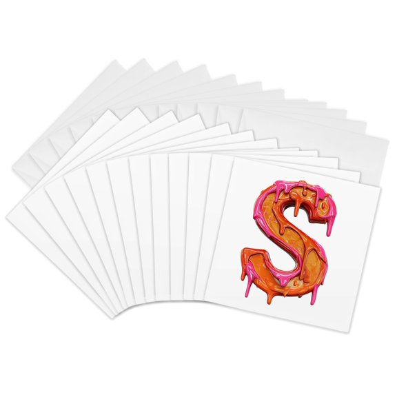 3drose, Modern Pink and Orange Image of Dripping Paint Monogram Initial S, 12 Greeting Cards with Envelopes