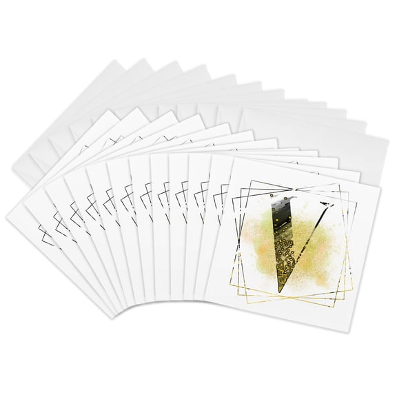 3drose, Modern Yellow and Black Geometric Monogram V, 12 Greeting Cards with Envelopes