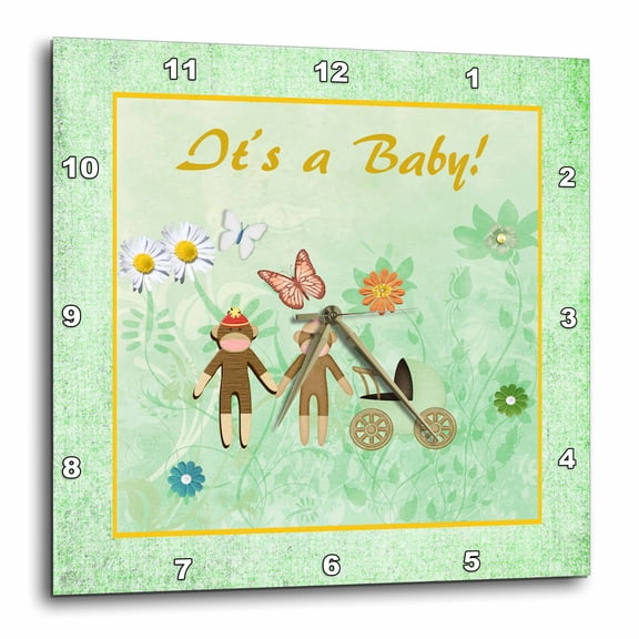3drose, Monkey Couple with Baby Carriage in Beautiful Garden, Its a Baby, 15x15 Wall Clock