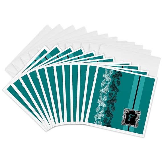 3drose, Monogram Initial F in Teal White and Black Lace, 12 Greeting Cards with Envelopes