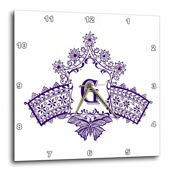 3drose, Monogram Initial G in Purple Diadem with Butterfly Detail, 10x10 Wall Clock