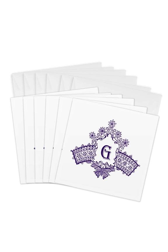 , Monogram Initial G in Purple Diadem with Butterfly Detail, 6 Greeting Cards with Envelopes