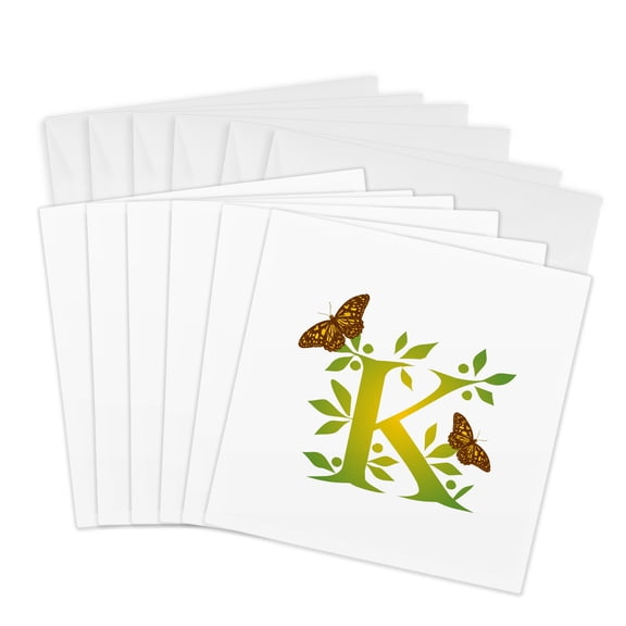 3drose, Monogram Initial K in Leafy Green and Yellow with Butterflies, 6 Greeting Cards with Envelopes