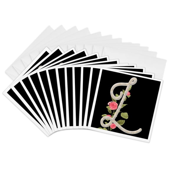 3drose, Monogram Initial L with Pretty Pink Flowers, 12 Greeting Cards with Envelopes