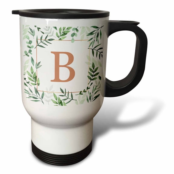 3drose, Monogram Initial Letter B in Gold Framed in Leaves and a Gold Square., 14oz Stainless Steel Travel Mug