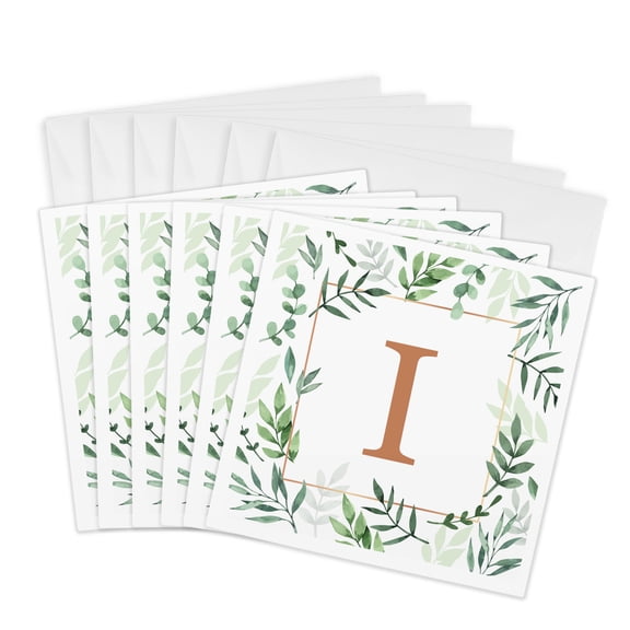 3drose, Monogram Initial Letter I in Gold Framed in Leaves and a Gold Square., 6 Greeting Cards with Envelopes