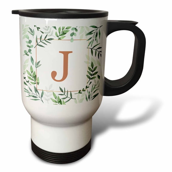 3drose, Monogram Initial Letter J in Gold Framed in Leaves and Gold Square., 14oz Stainless Steel Travel Mug