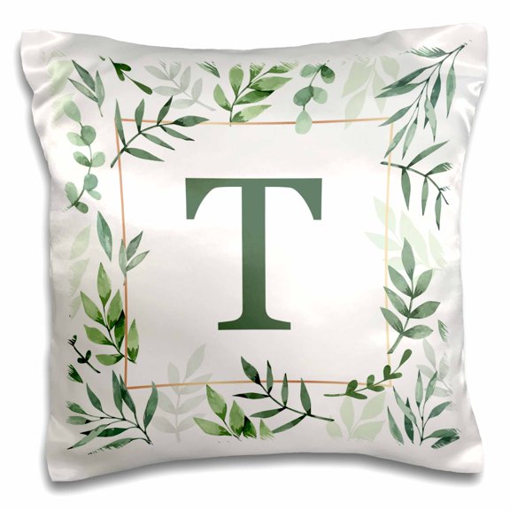 3drose, Monogram Initial Letter T in Green Framed in Leaves and a Gold Square., 16x16 inch Pillow Case