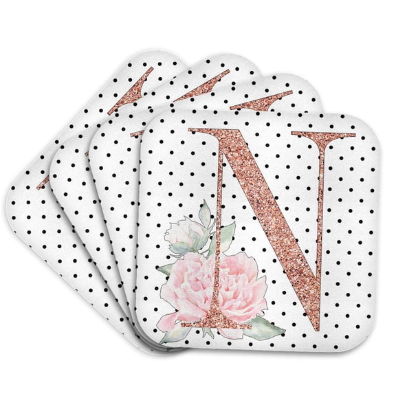 3drose, Monogram Initial N Pink Rose Floral on Black and White Polka Dots, Set of 4 Coasters - Cork