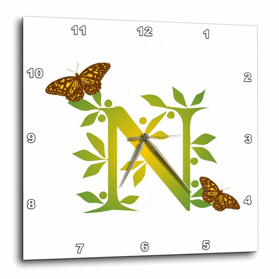3drose, Monogram Initial N in Leafy Green and Yellow with Butterflies, 15x15 Wall Clock