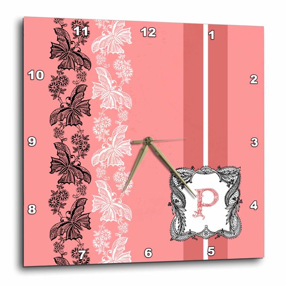 3drose, Monogram Initial P in Pink White and Black, 15x15 Wall Clock