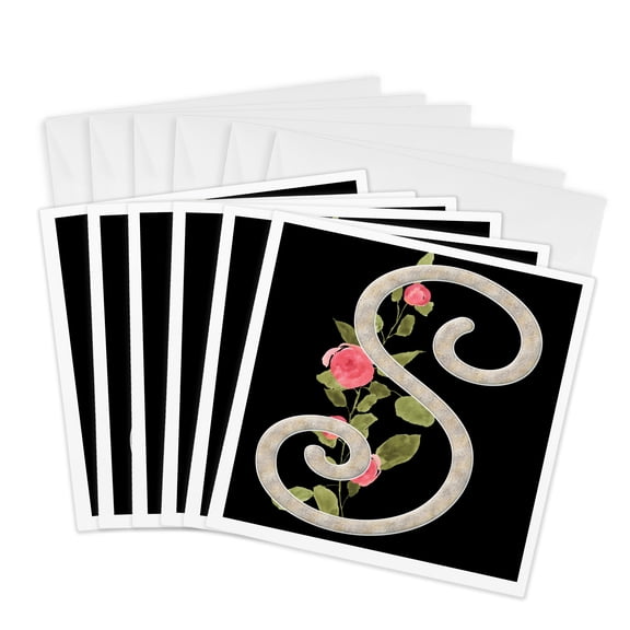 3drose, Monogram Initial S with Pretty Pink Flowers, 6 Greeting Cards with Envelopes
