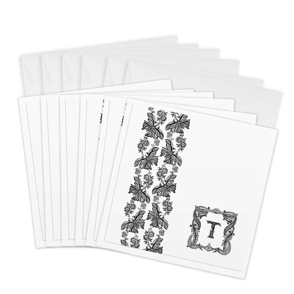 3drose, Monogram Initial T in Black Lace with Butterfly Detail, 6 Greeting Cards with Envelopes