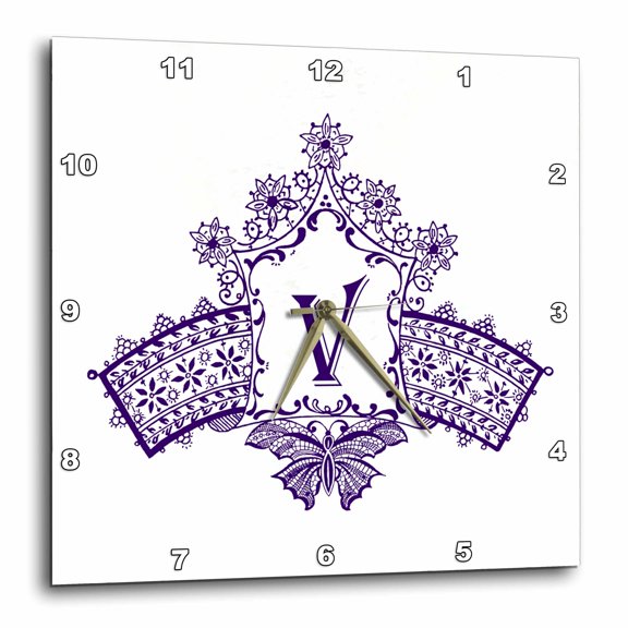 3drose, Monogram Initial V in Purple Diadem with Butterfly Detail, 15x15 Wall Clock