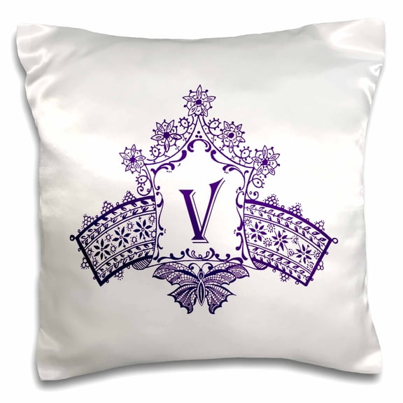 3drose, Monogram Initial V in Purple Diadem with Butterfly Detail, 16x16 inch Pillow Case