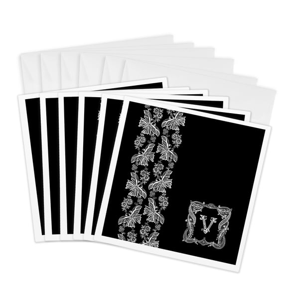 3drose, Monogram Initial V in White Lace over Black Background, 6 Greeting Cards with Envelopes
