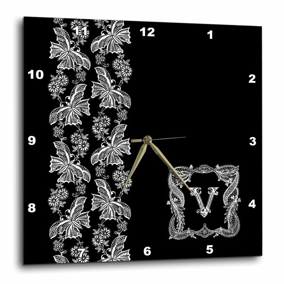 3drose, Monogram Initial V in White Lace over Black Background, 15x15 Wall Clock
