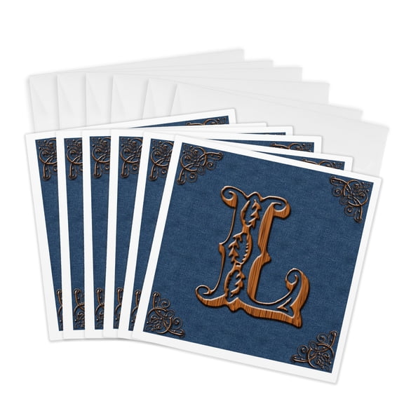 3drose, Monogram Letter L in Victorian Western Font That Looks like Carved Oak Wood on a Denim Background., 6 Greeting Cards with Envelopes