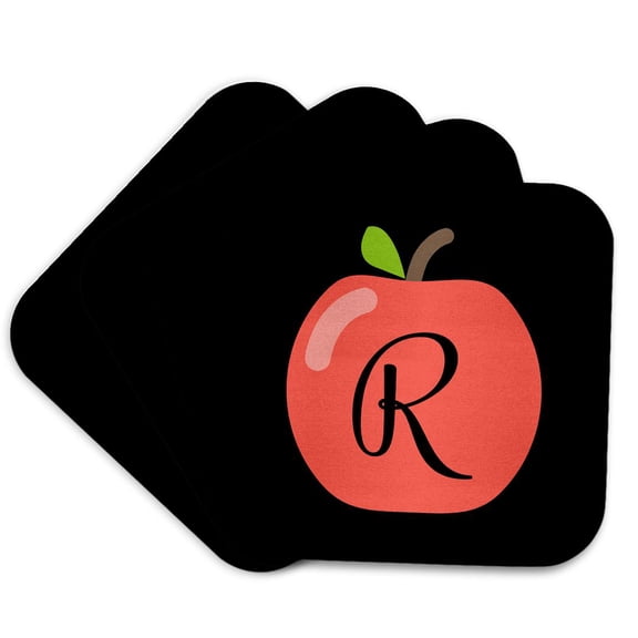 3drose, Monogram Letter R Inside a Red Apple on a Black Background., Set of 4 Coasters - Cork