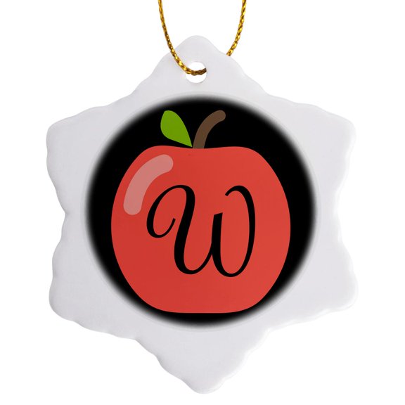 3drose, Monogram Letter W Inside a Red Apple on a Black Background., 3 inch Snowflake Porcelain Ornament
