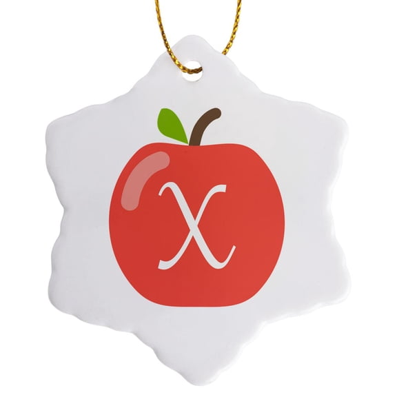 3drose, Monogram Letter X Inside a Red Apple on a White Background., 3 inch Snowflake Porcelain Ornament
