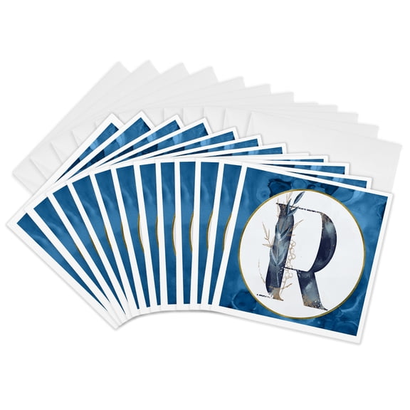 3drose, Monogram R Blue Image of Watercolor Image of Gold Leaves, 12 Greeting Cards with Envelopes
