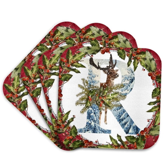 3drose, Monogram R Christmas Deer Buck Decorative Initial, Set of 4 Coasters - Soft