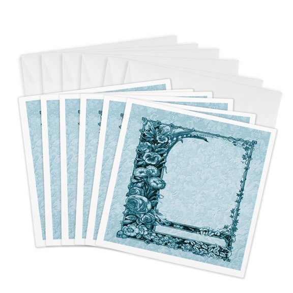 3drose, Monotone Floral Trellis Design on a Teal Damask Background, 6 Greeting Cards with Envelopes