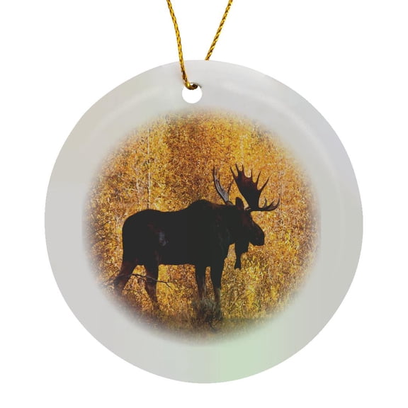 3drose, Moose Bull in Golden Willows., Circle Porcelain Ornament