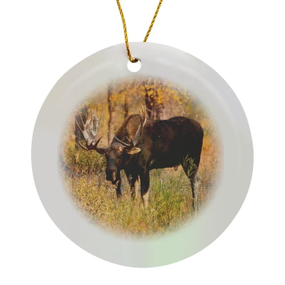 3drose, Moose Bull in Golden Willows., Circle Porcelain Ornament