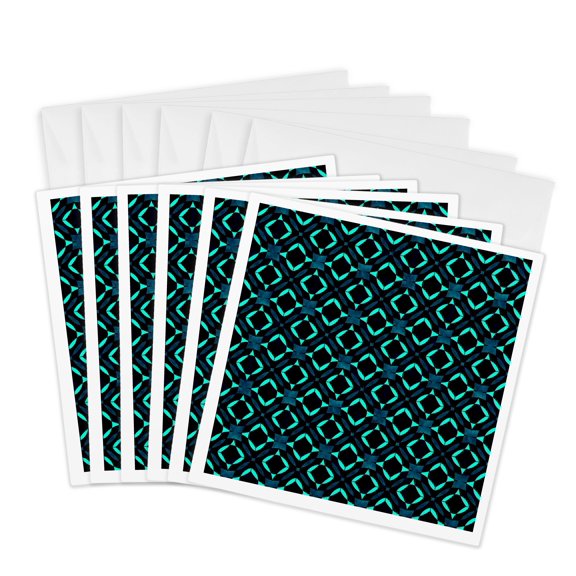 3drose, Moroccan Tile Pattern Blue Aqua on Black, 6 Greeting Cards with Envelopes