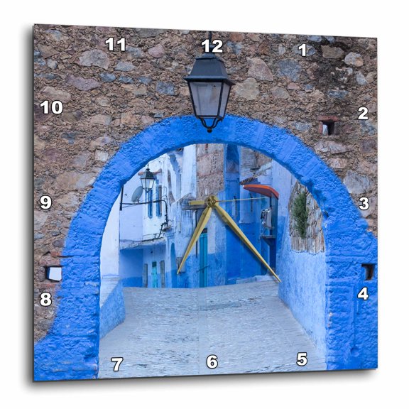 3drose, Morocco, Chefchaouen. a Blue Arch and Quiet Street Entering the Medina, 15x15 Wall Clock