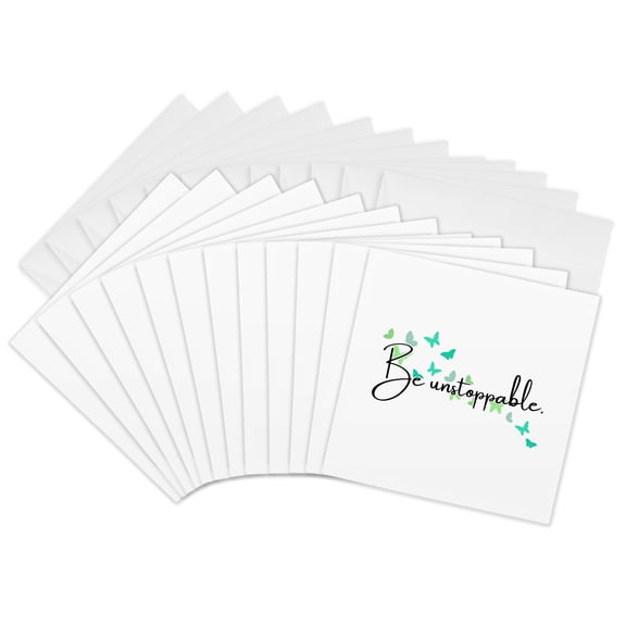 3drose, Motivational Quote Be Unstoppable Typography with Butterflies, 12 Greeting Cards with Envelopes