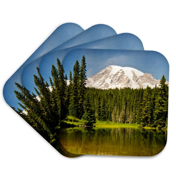 3drose, Mount Rainier Above Reflection Lakes, Mount Rainier Np, Washington, Set of 4 Coasters - Soft