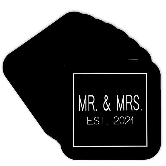 3drose, Mr and Mrs Est. 2021. White Letters Inside Square on Black Background., Set of 8 Coasters - Cork