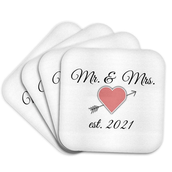 3drose, Mr. and Mrs. Pink Heart and Arrow Est. 2021. Black Lettering on White., Set of 4 Coasters - Cork