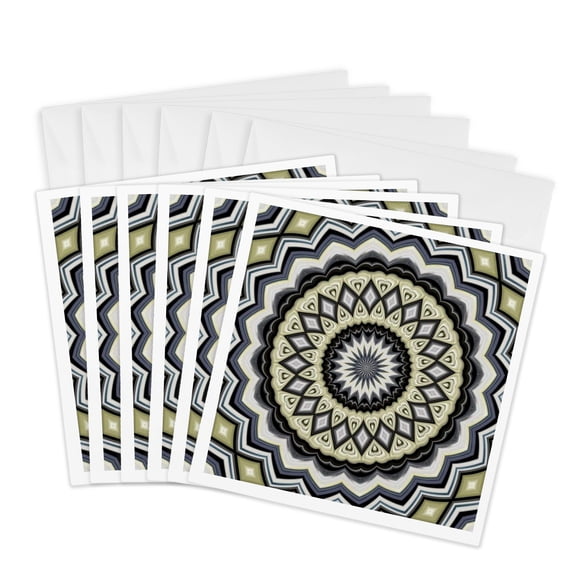 3drose, Multicolored Symmetrical Circle Pattern Blue Beige Tones, 6 Greeting Cards with Envelopes