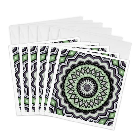 3drose, Multicolored Symmetrical Circle Pattern Green Tones, 6 Greeting Cards with Envelopes