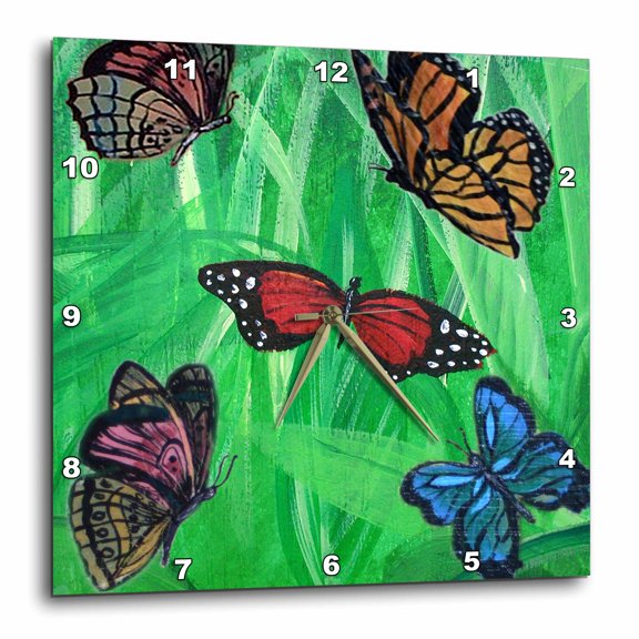 3drose, Multiple Colorful Butterflies with Green Grassy Background, 10x10 Wall Clock