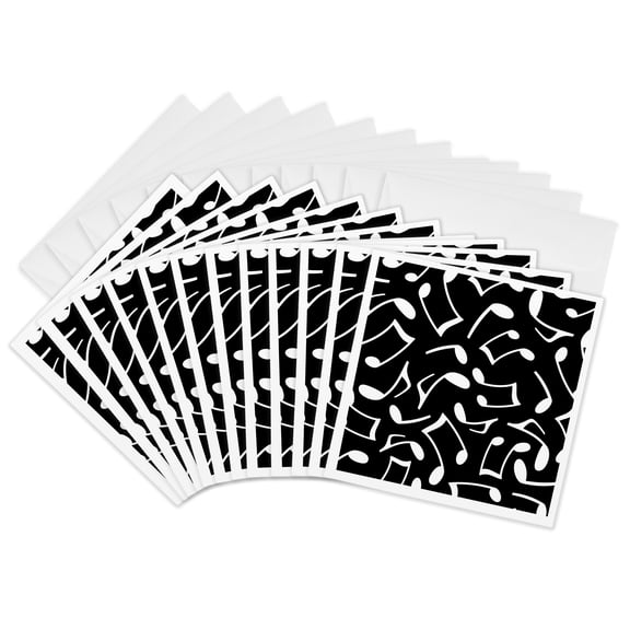 3drose, Music Notes Pattern Black and White, 12 Greeting Cards with Envelopes
