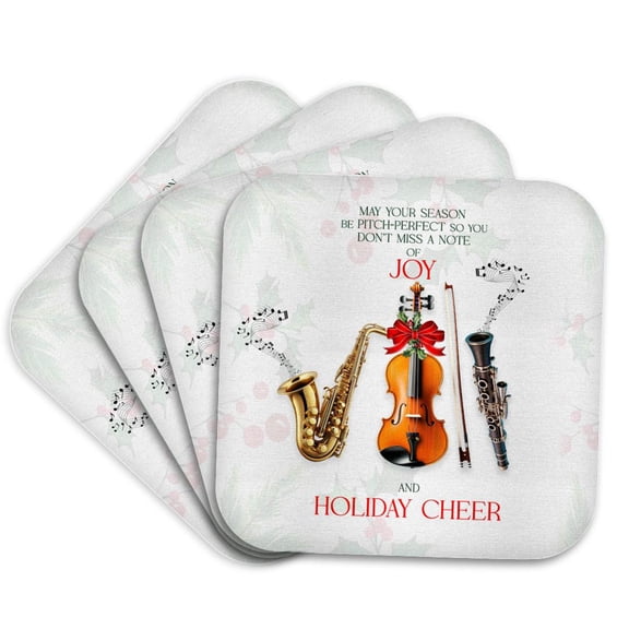 3drose, Musical Instrument Themed Holiday Cheer with Fun Music Puns, Set of 4 Coasters - Soft
