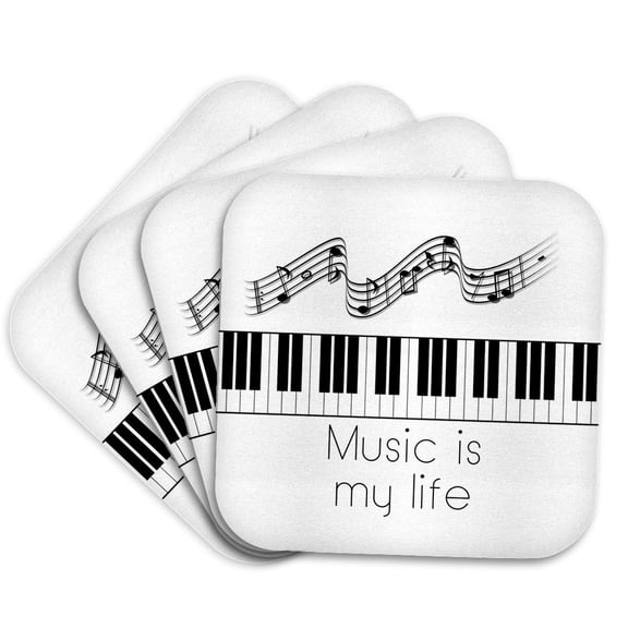 3drose, Musical Notes, Piano Keys. Black Text Music Is My Life Elegant Gift, Set of 4 Coasters - Cork