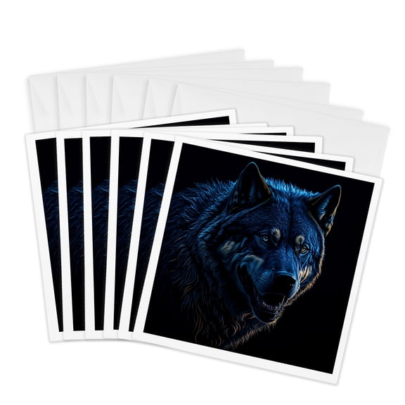 3drose, Mystical Blue Wolf Against the Black Background Digital Art Gift, 6 Greeting Cards with Envelopes