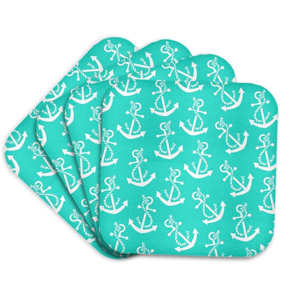 3drose, Nautical Anchors in White over Light Turquoise, Set of 4 Coasters - Soft