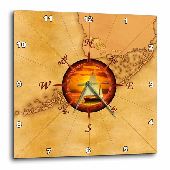 3drose, Nautical Map and Compass Rose with Sailboat and Ocean Sunset., 10x10 Wall Clock