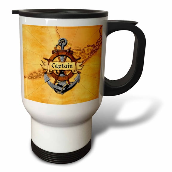 3drose, Nautical Map with Captain Banner, Ship Helm, and Ship Anchor., 14oz Stainless Steel Travel Mug