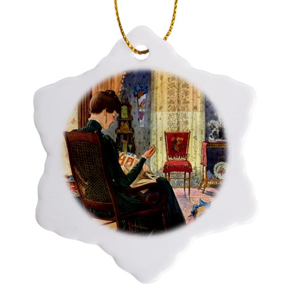 3drose, Needlework in Peace, 3 inch Snowflake Porcelain Ornament