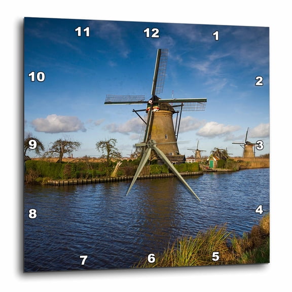 3drose, Netherlands, Kinderdijk. Traditional Dutch Windmills, 13x13 Wall Clock