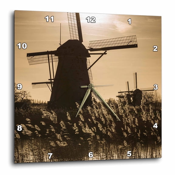 3drose, Netherlands, Kinderdijk. Traditional Dutch Windmills., 13x13 Wall Clock